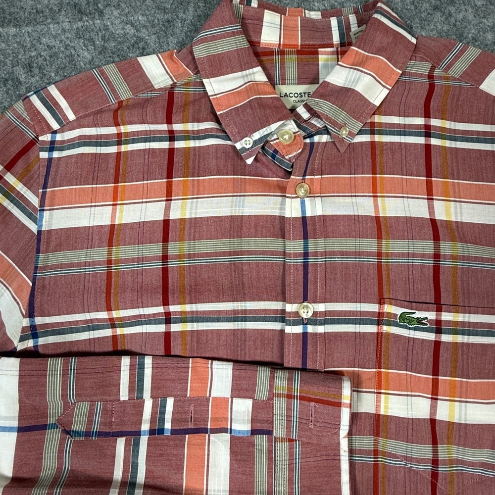 Lacoste Button Down Shirt Mens S 38 Small Plaid Classic Fit Long Sleeve